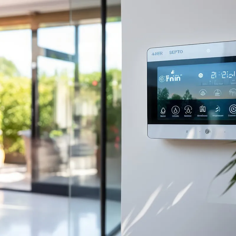 Thermostat connecté à écran tactile fixé sur un mur blanc, près d’une grande baie vitrée donnant sur un jardin